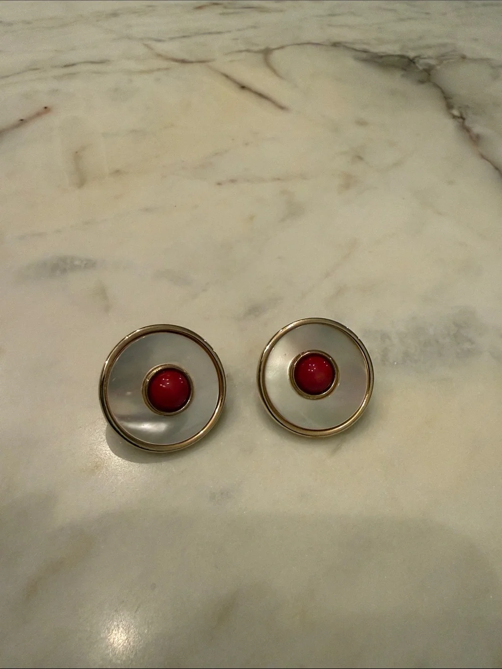 Gold-Tone Mother-of-Pearl Earrings with Red Center Vintage